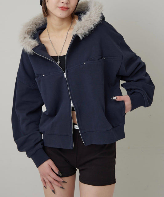 斜插口袋毛絨連帽衫