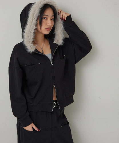 斜插口袋毛絨連帽衫