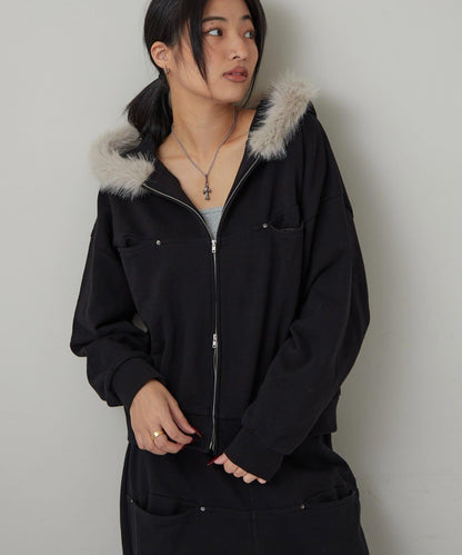 斜插口袋毛絨連帽衫