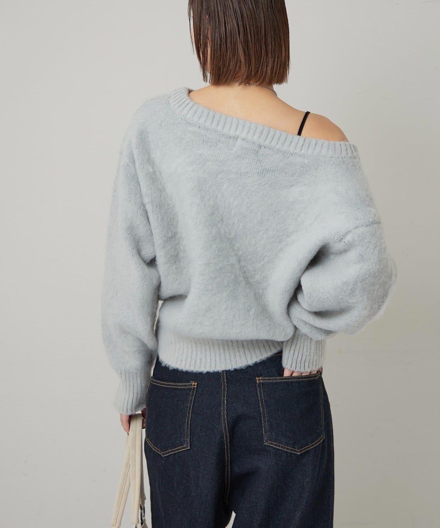 KY仿馬海毛一字肩針織衫