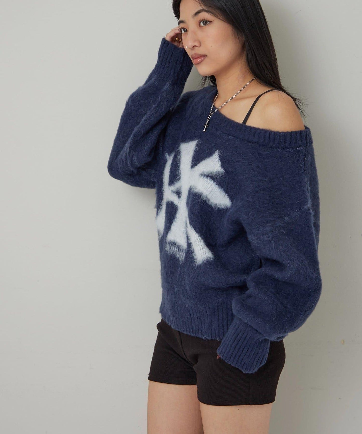 KY仿馬海毛一字肩針織衫