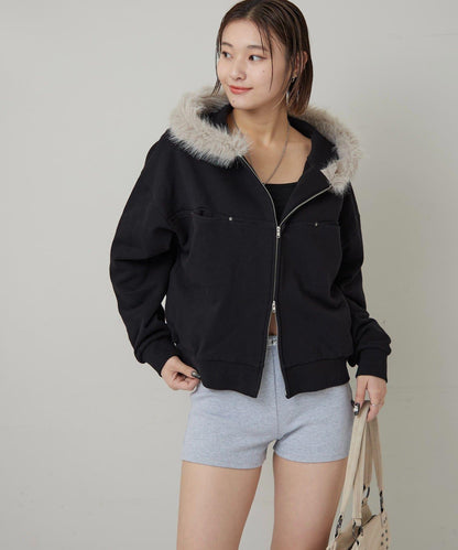 斜插口袋毛絨連帽衫