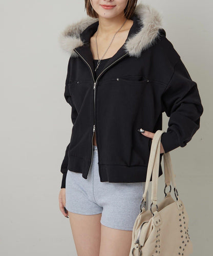 斜插口袋毛絨連帽衫