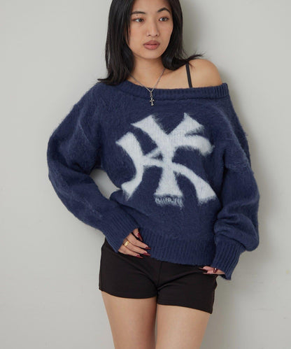 KY仿馬海毛一字肩針織衫