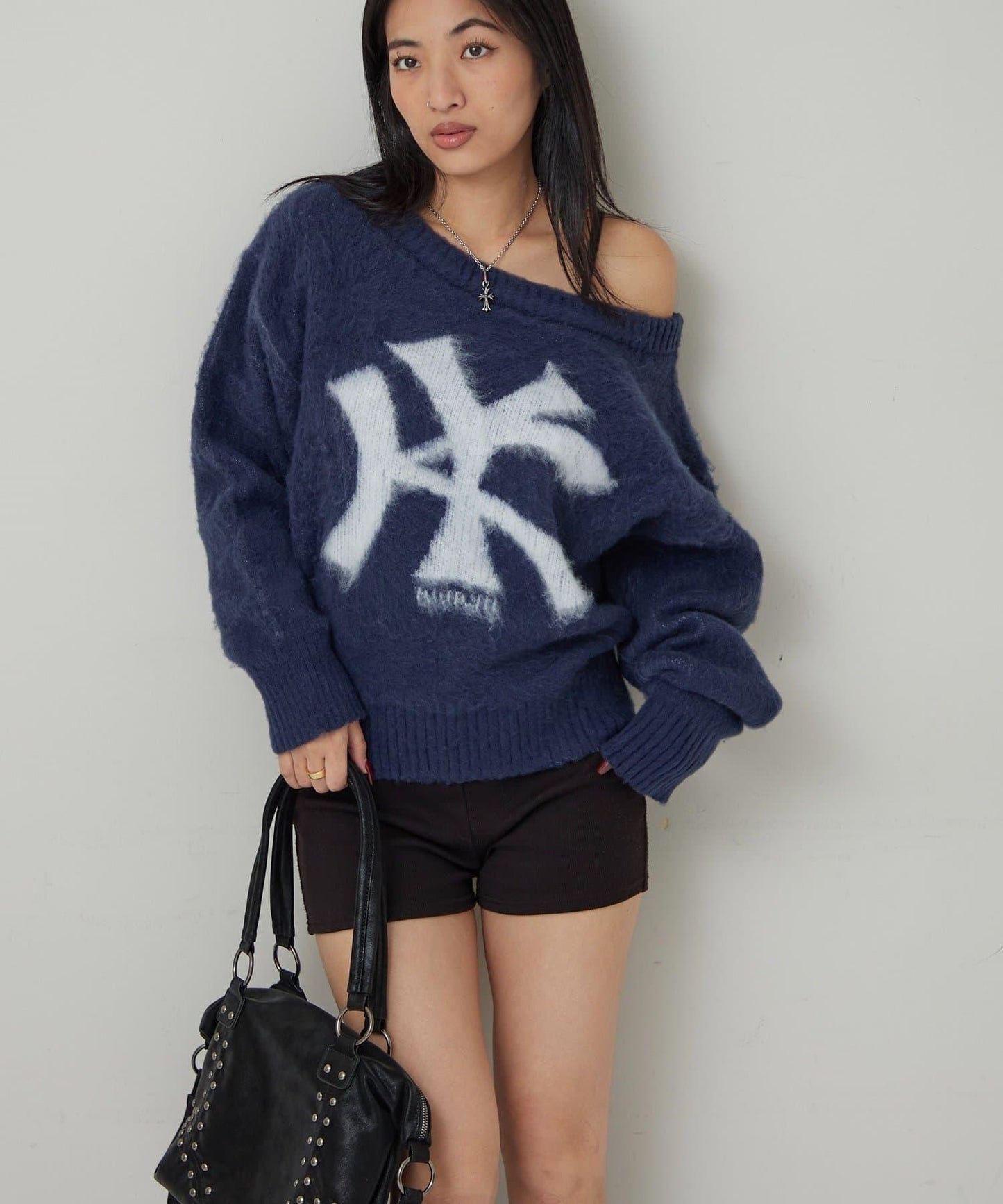 KY仿馬海毛一字肩針織衫