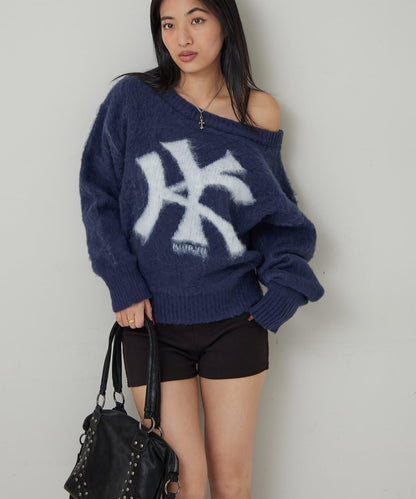 KY仿馬海毛一字肩針織衫