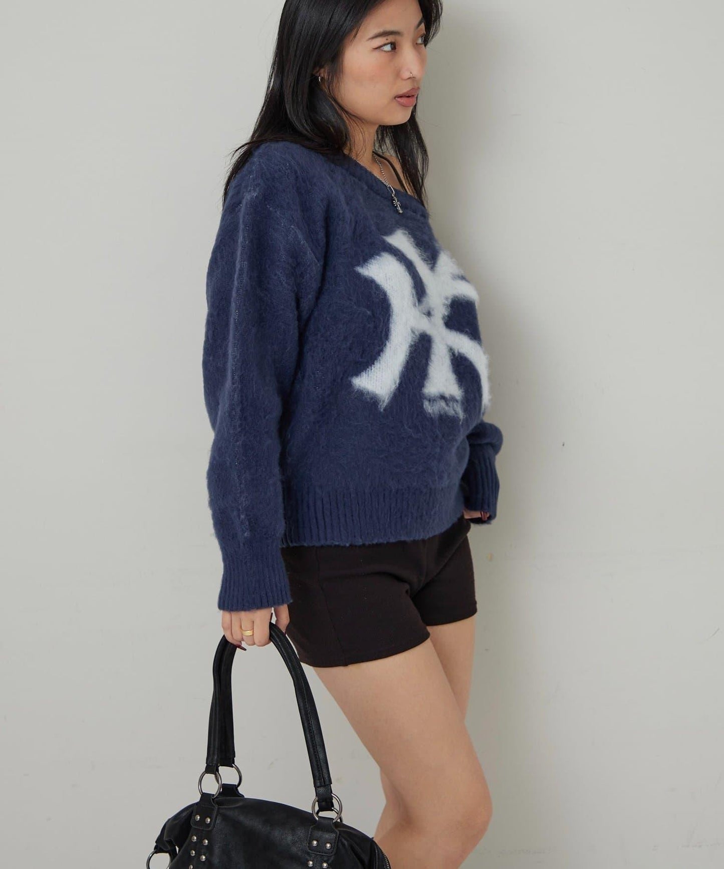 KY仿馬海毛一字肩針織衫