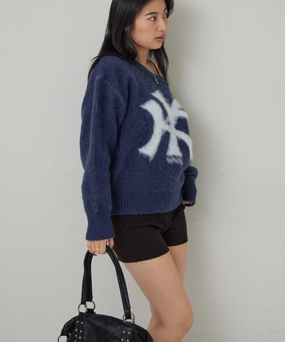 KY仿馬海毛一字肩針織衫