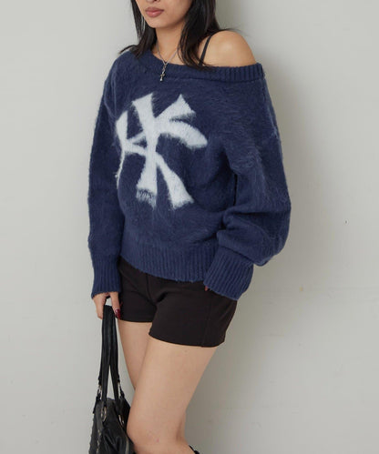 KY仿馬海毛一字肩針織衫
