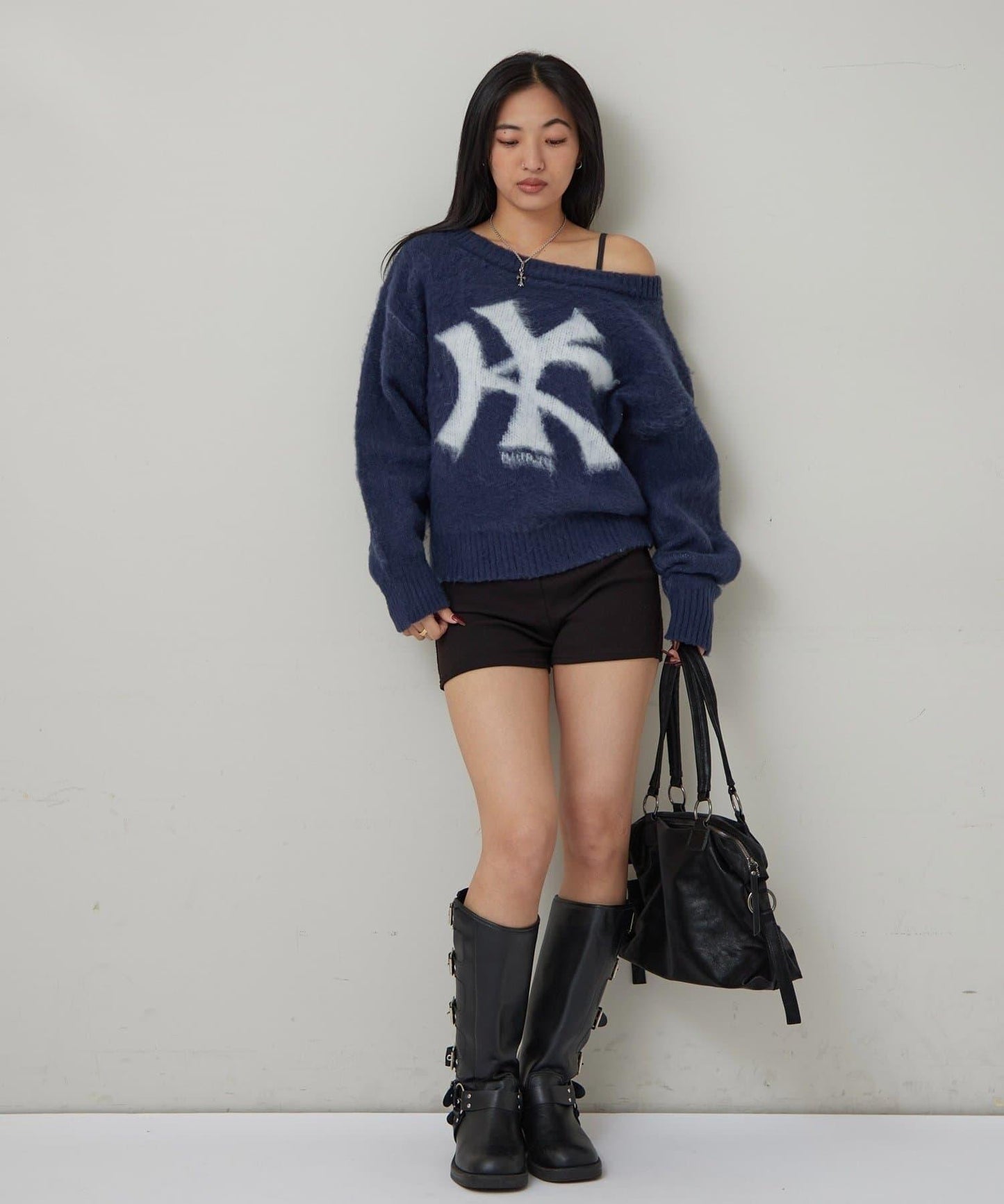 KY仿馬海毛一字肩針織衫