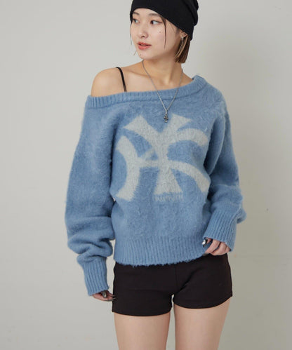 KY仿馬海毛一字肩針織衫