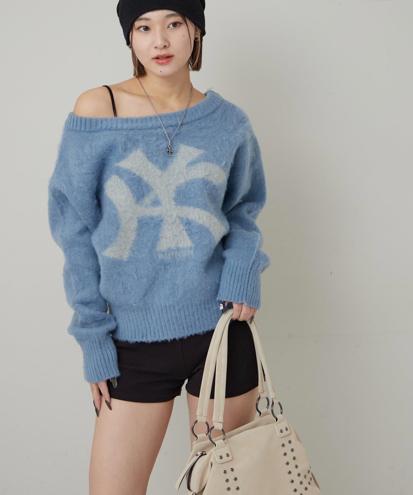 KY仿馬海毛一字肩針織衫