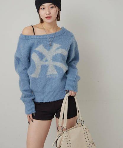 KY仿馬海毛一字肩針織衫