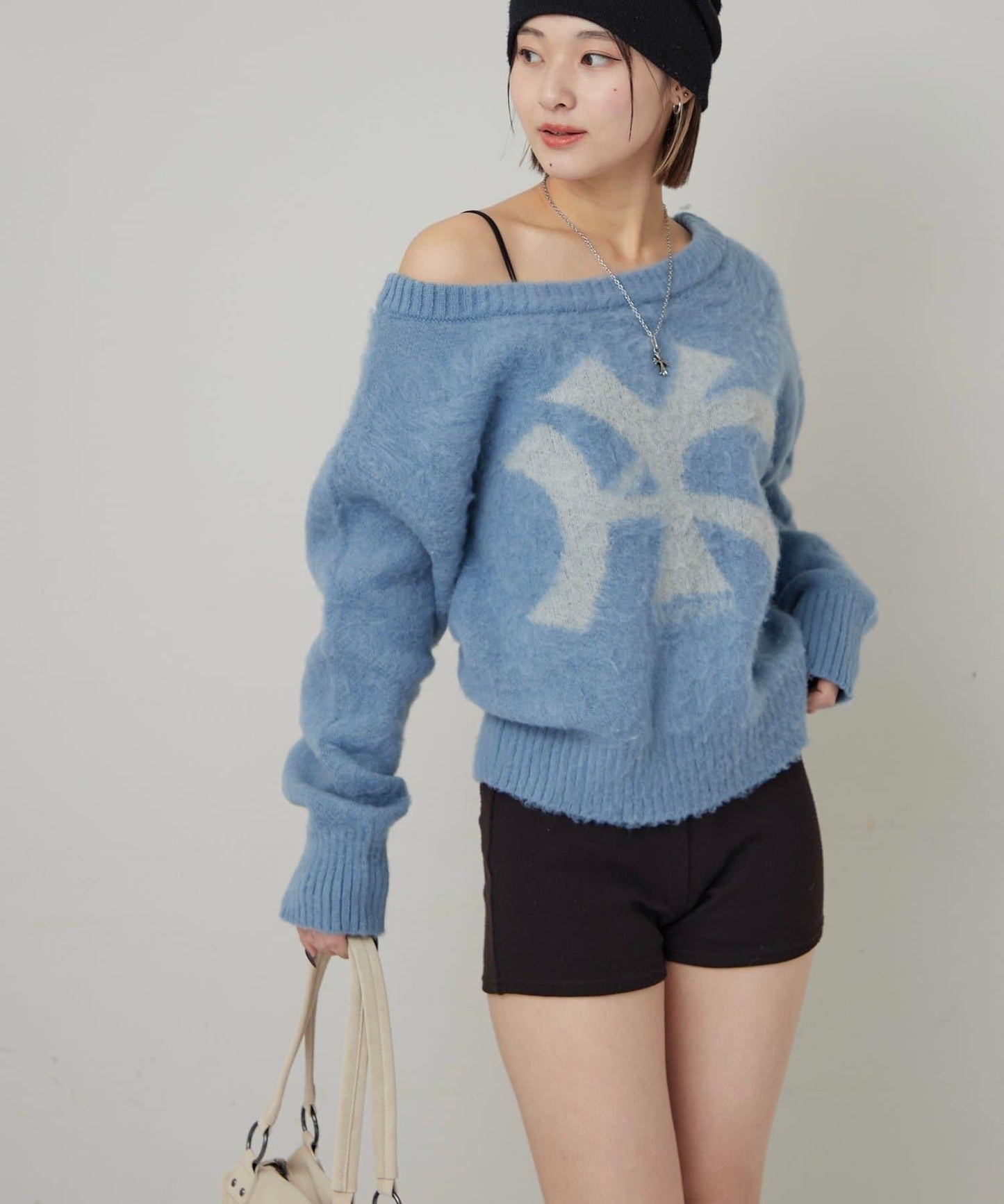 KY仿馬海毛一字肩針織衫