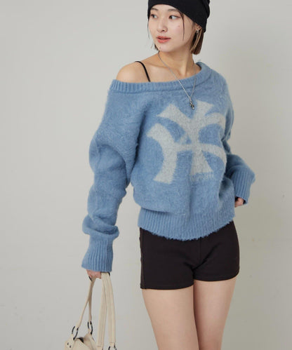 KY仿馬海毛一字肩針織衫