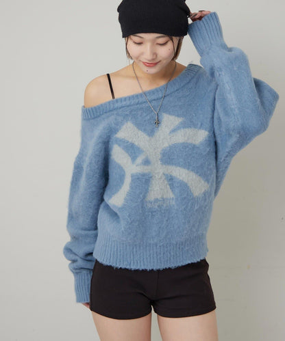 KY仿馬海毛一字肩針織衫