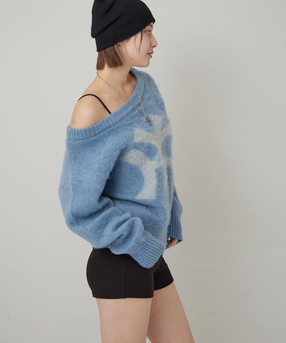 KY仿馬海毛一字肩針織衫