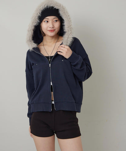 斜插口袋毛絨連帽衫