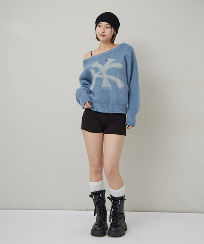 KY仿馬海毛一字肩針織衫