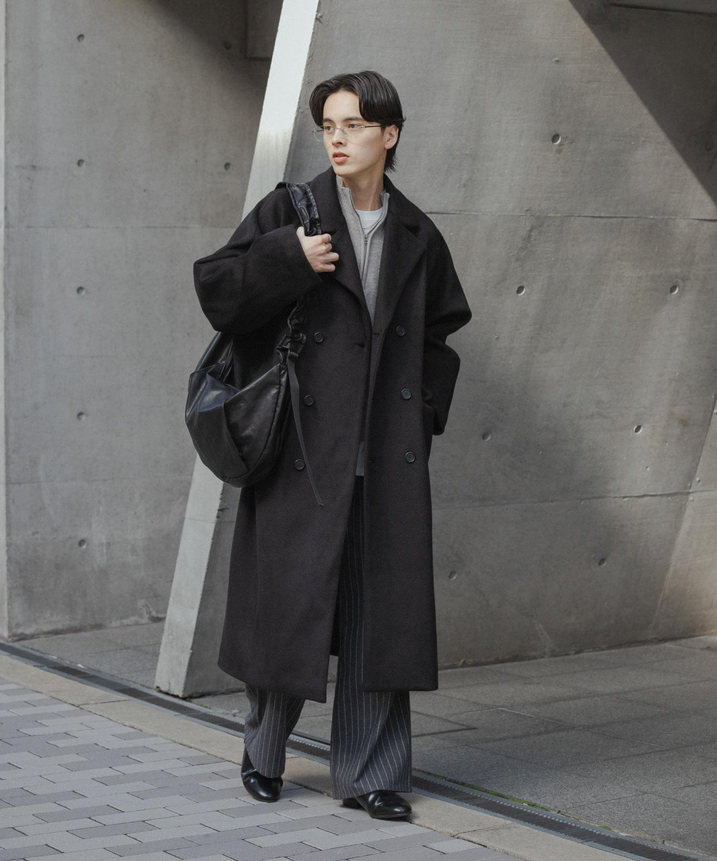 羊毛混紡雙排扣長款大衣