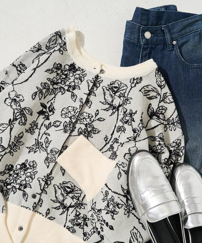 植物花紋提花兩用針織衫（開衫・套頭衫）