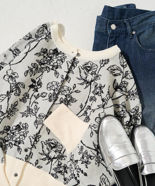 植物花紋提花兩用針織衫（開衫・套頭衫）