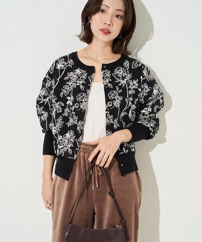 植物花紋提花兩用針織衫（開衫・套頭衫）