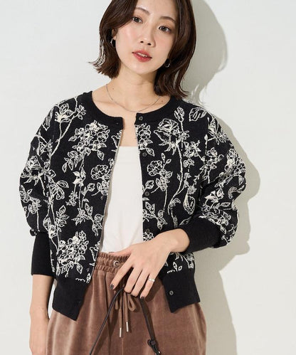 植物花紋提花兩用針織衫（開衫・套頭衫）