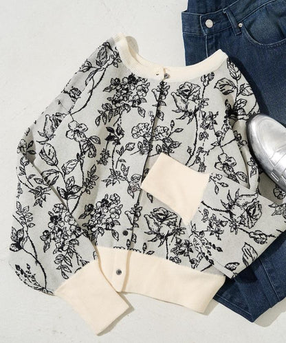 植物花紋提花兩用針織衫（開衫・套頭衫）