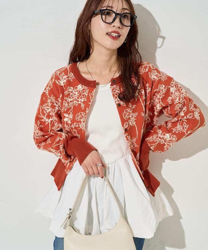 植物花紋提花兩用針織衫（開衫・套頭衫）