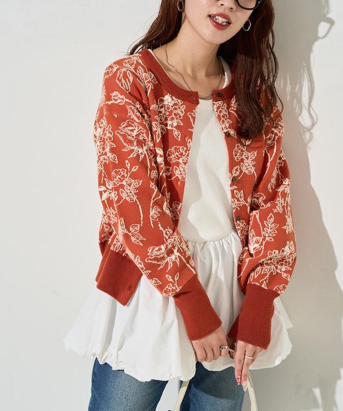 植物花紋提花兩用針織衫（開衫・套頭衫）