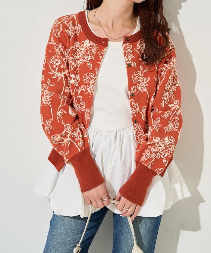 植物花紋提花兩用針織衫（開衫・套頭衫）