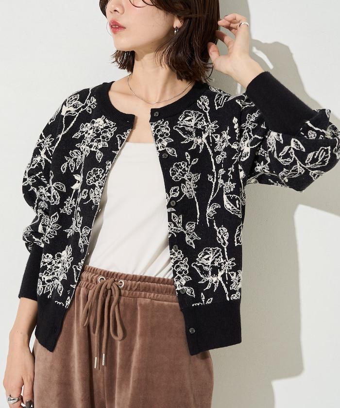 植物花紋提花兩用針織衫（開衫・套頭衫）