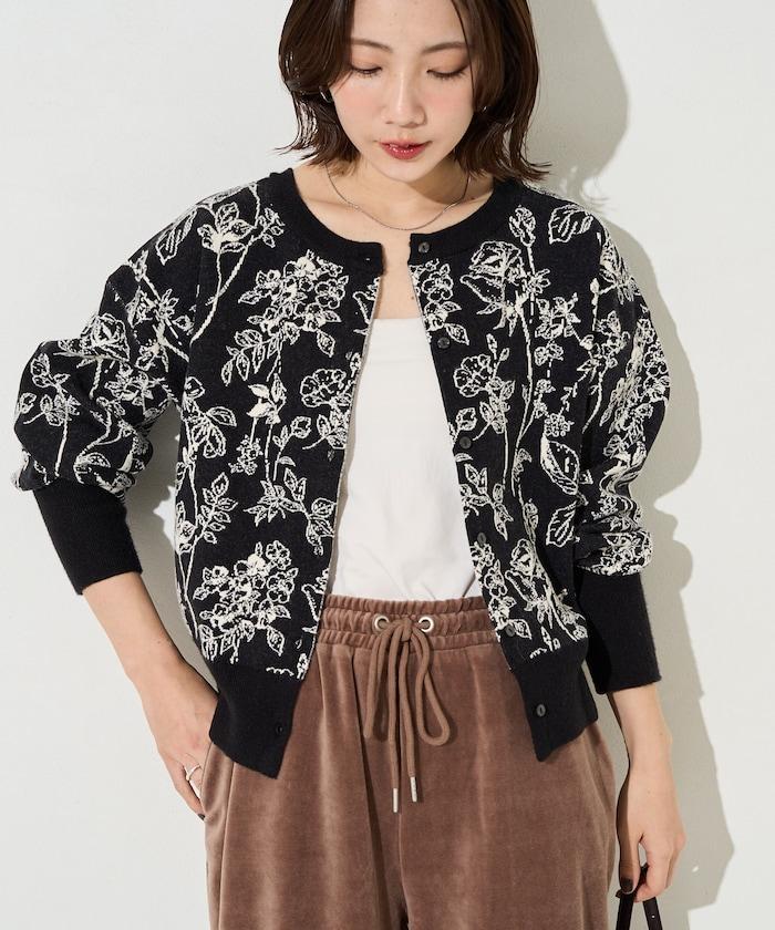 植物花紋提花兩用針織衫（開衫・套頭衫）