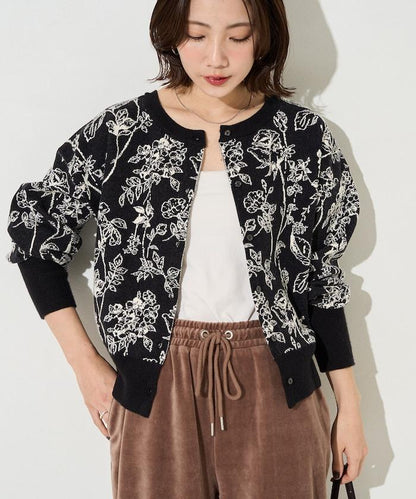 植物花紋提花兩用針織衫（開衫・套頭衫）