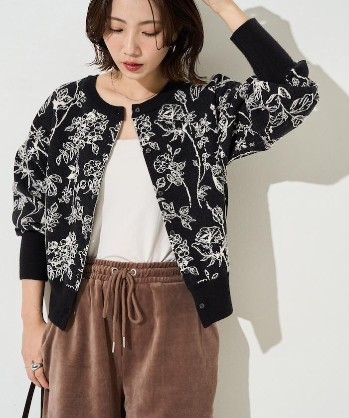 植物花紋提花兩用針織衫（開衫・套頭衫）