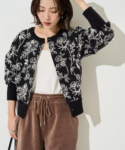 植物花紋提花兩用針織衫（開衫・套頭衫）