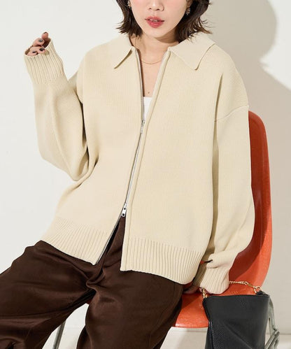 輕量針織翻領雙拉鍊開衫