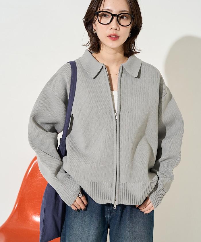 輕量針織翻領雙拉鍊開衫