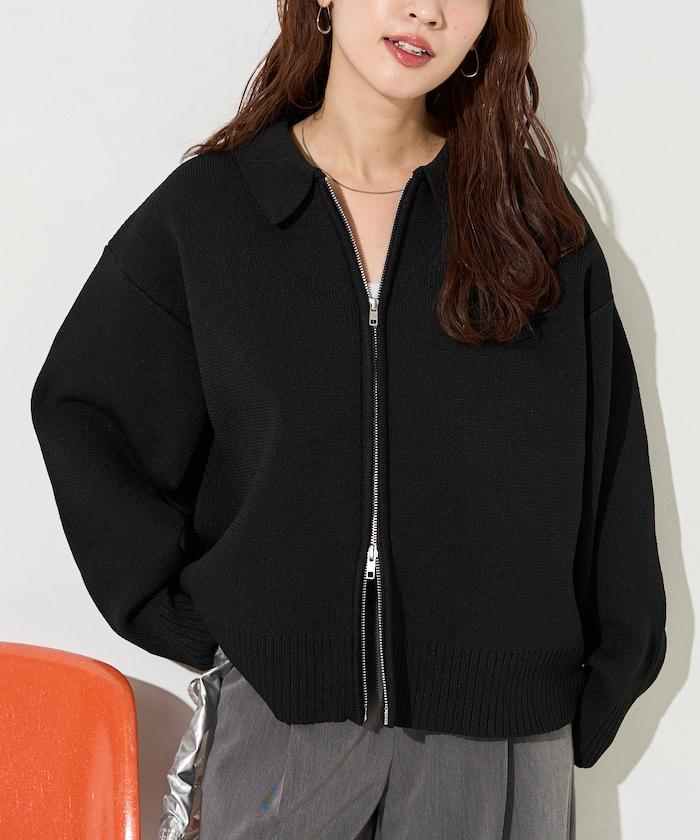 輕量針織翻領雙拉鍊開衫