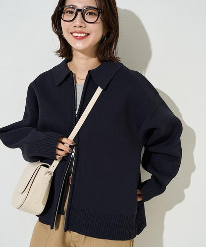 輕量針織翻領雙拉鍊開衫