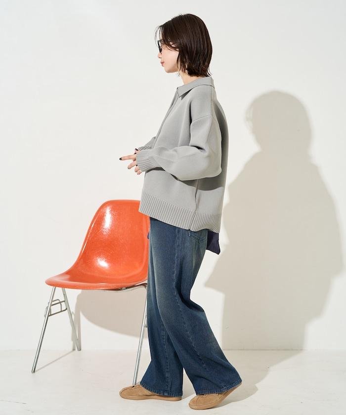 輕量針織翻領雙拉鍊開衫