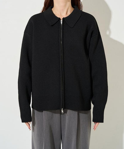 輕量針織翻領雙拉鍊開衫