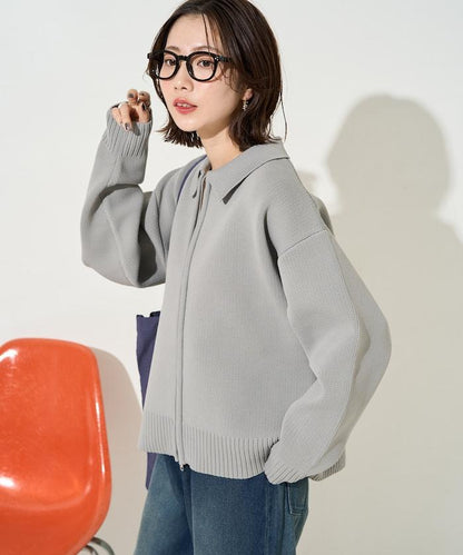 輕量針織翻領雙拉鍊開衫