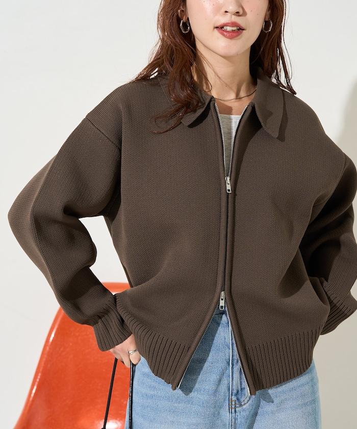 輕量針織翻領雙拉鍊開衫