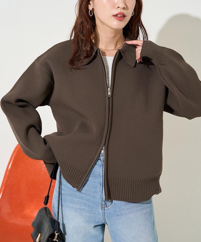 輕量針織翻領雙拉鍊開衫