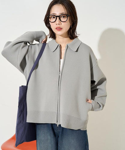 輕量針織翻領雙拉鍊開衫
