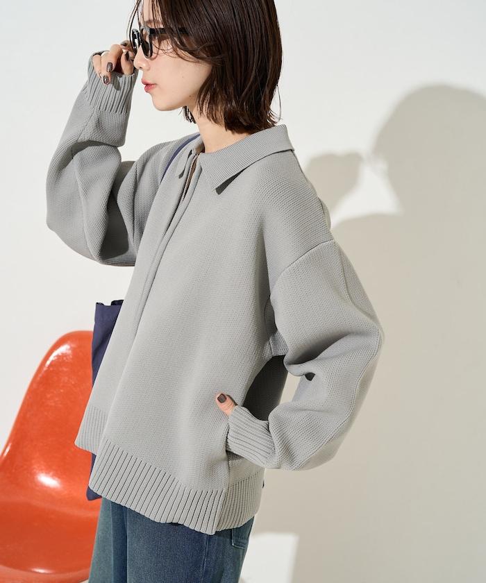 輕量針織翻領雙拉鍊開衫