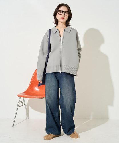 輕量針織翻領雙拉鍊開衫