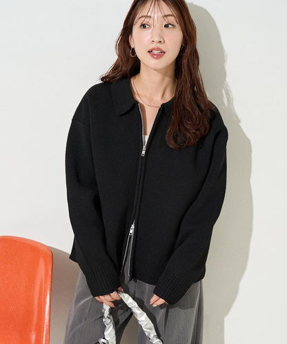 輕量針織翻領雙拉鍊開衫